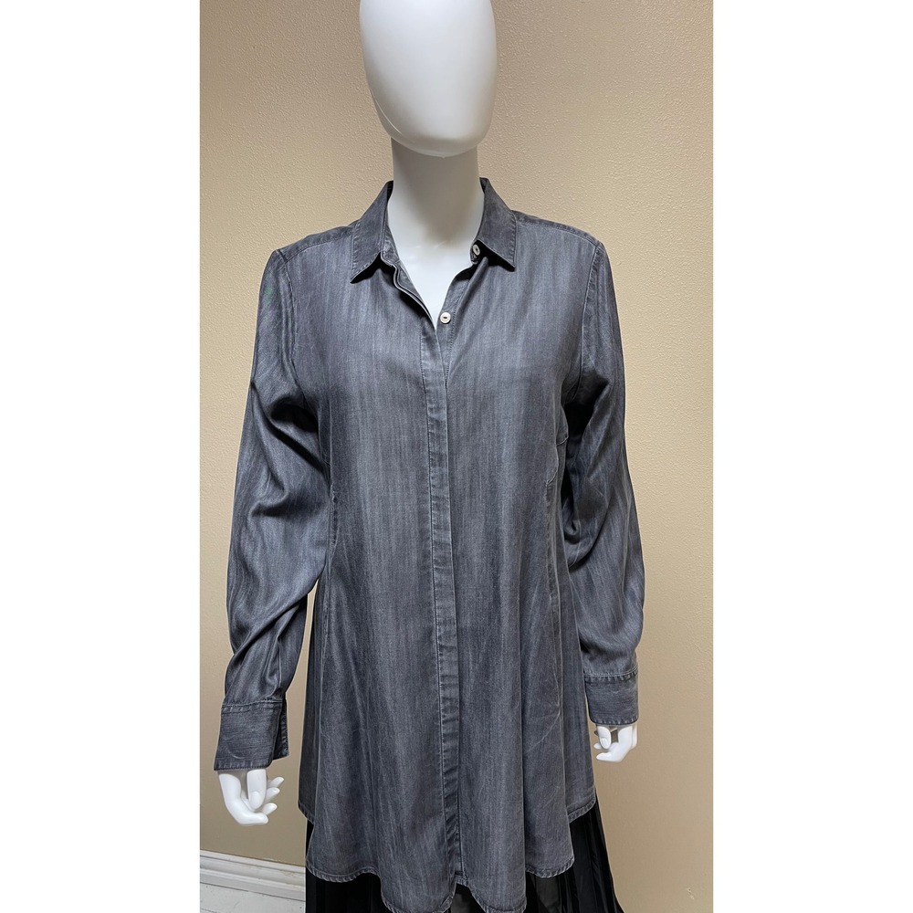 Foxcroft Cici Tunic Shirt Womens 8 Gray Tencel Lyocell Button Down Long Sleeve